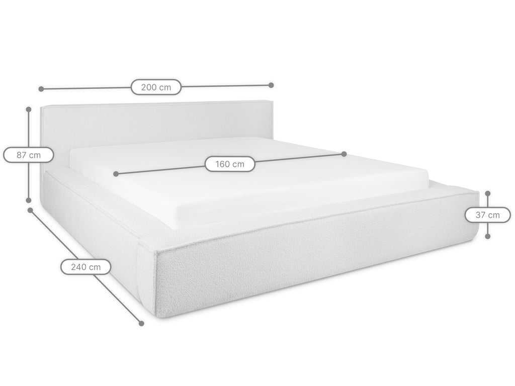 Productfoto diagonaal bed Marla met alle afmetingen voor de variant met matrasmaat 160 x 200 cm