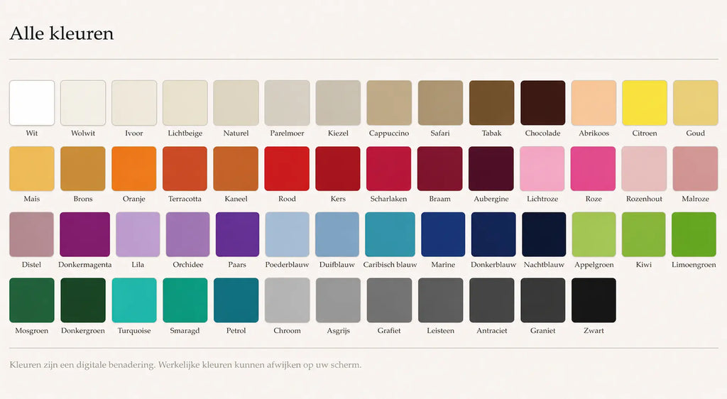 Overzicht van de 55 kleuren voor hoeslakens