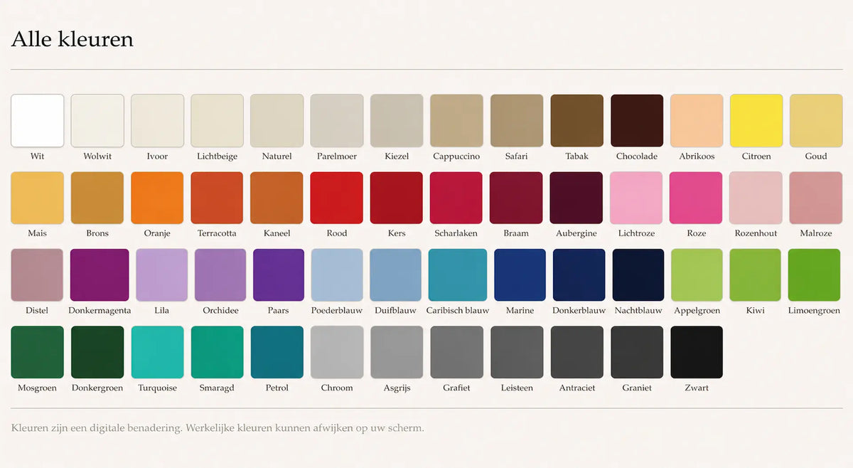 Overzicht van de 55 kleuren voor hoeslakens