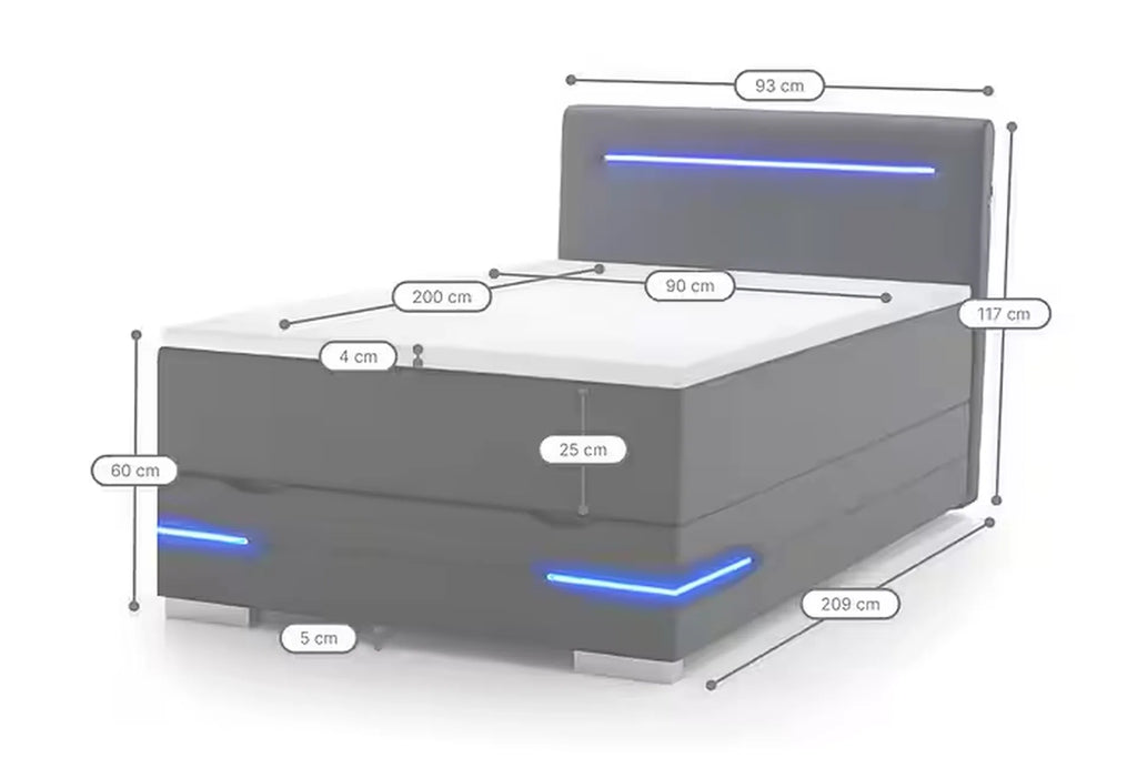 Dallas bed met maatspecificaties van dit 90 x 200 cm bed.