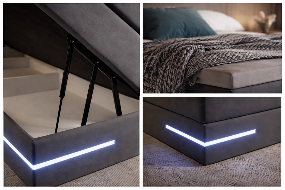 3 detailfoto's . Links opbergbak met gasveren en led aan, rechtsboven detail van de topper met plaid erop en rechtsonder detail voeteneind met led aan