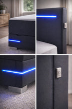 4 detail foto's: linksboven en linksonder een details van de hoek van het bed met led-verlichting, rechtsboven een detail van het hoofdboard met led-verlichting en de schakelaar