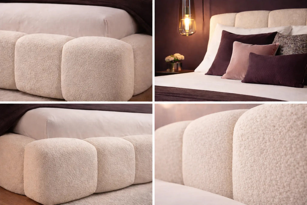 Hier staan 4 detailfoto's van het bed Ariana. Links boven en onder is de hoek van het bed te zien ter hoogte van het voeteneind. Links boven is een detail van het hoofdboard met kussens en rechtsonder een groter detail van de zijkant van het bed waarop de stofstructuur goed te zien is.
