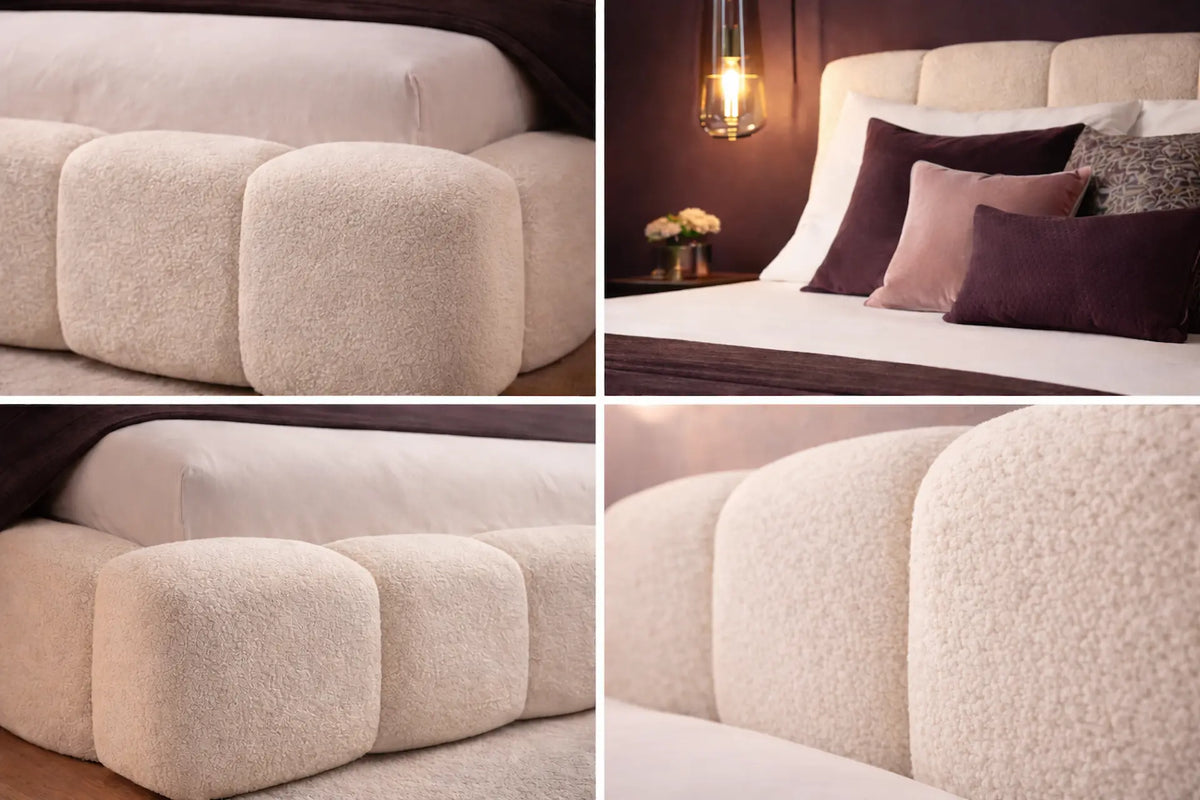 Hier staan 4 detailfoto's van het bed Ariana. Links boven en onder is de hoek van het bed te zien ter hoogte van het voeteneind. Links boven is een detail van het hoofdboard met kussens en rechtsonder een groter detail van de zijkant van het bed waarop de stofstructuur goed te zien is.