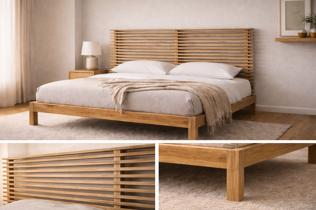 Collage van Silva bed opgemaakt in lichte slaapkamer, detail hoofdeind met latten en voeteneind/poot
