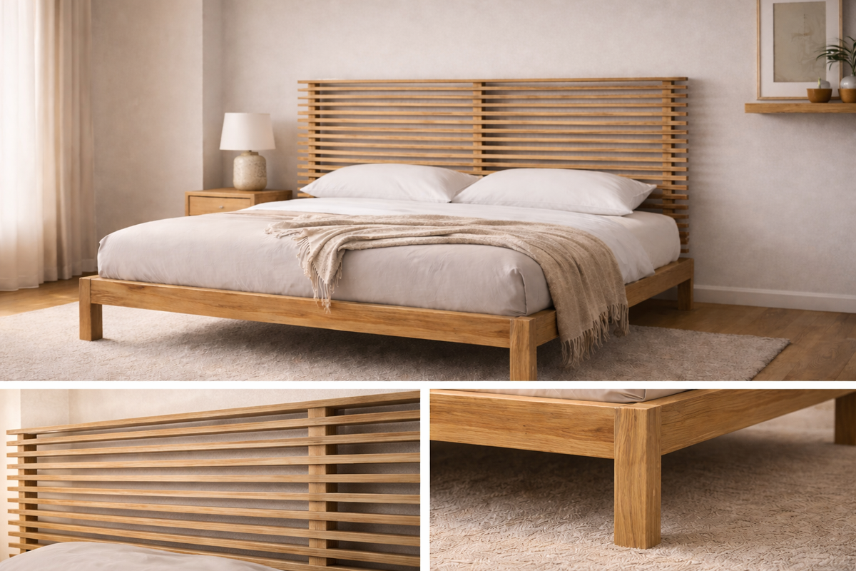 Collage van Silva bed opgemaakt in lichte slaapkamer, detail hoofdeind met latten en voeteneind/poot