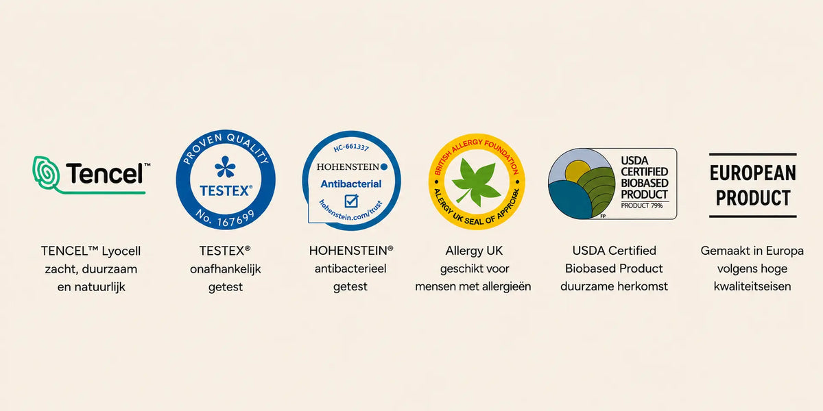 Een afbeelding met certificeringsbadges die van toepassing zijn op dit product: tencel, testex, hohenstein, allergy uk, usda certified biobased product en european product