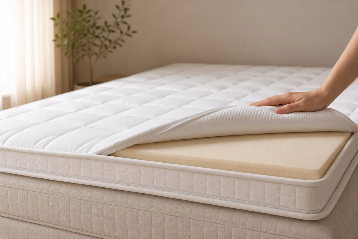 Afbeelding van opengeslagen topper bij de hoek van het bed. Hand houdt de hoek van de tijk vast. HR vulling zichtbaar. Geplaatst in een lichte slaapkamer in beige tinten.
