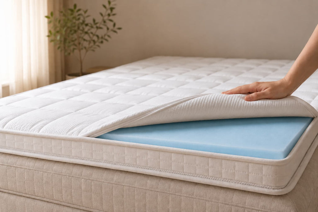 Afbeelding van opengeslagen topper bij de hoek van het bed. Hand houdt de hoek van de tijk vast, gel vulling zichtbaar. Geplaatst in een lichte slaapkamer in beige tinten.