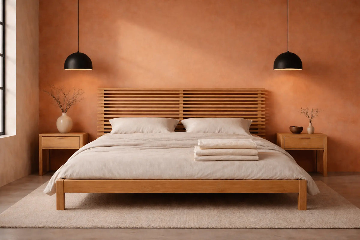 Houten bed Silva, opgemaakt met licht beddengoed in een terracotta slaapkamer