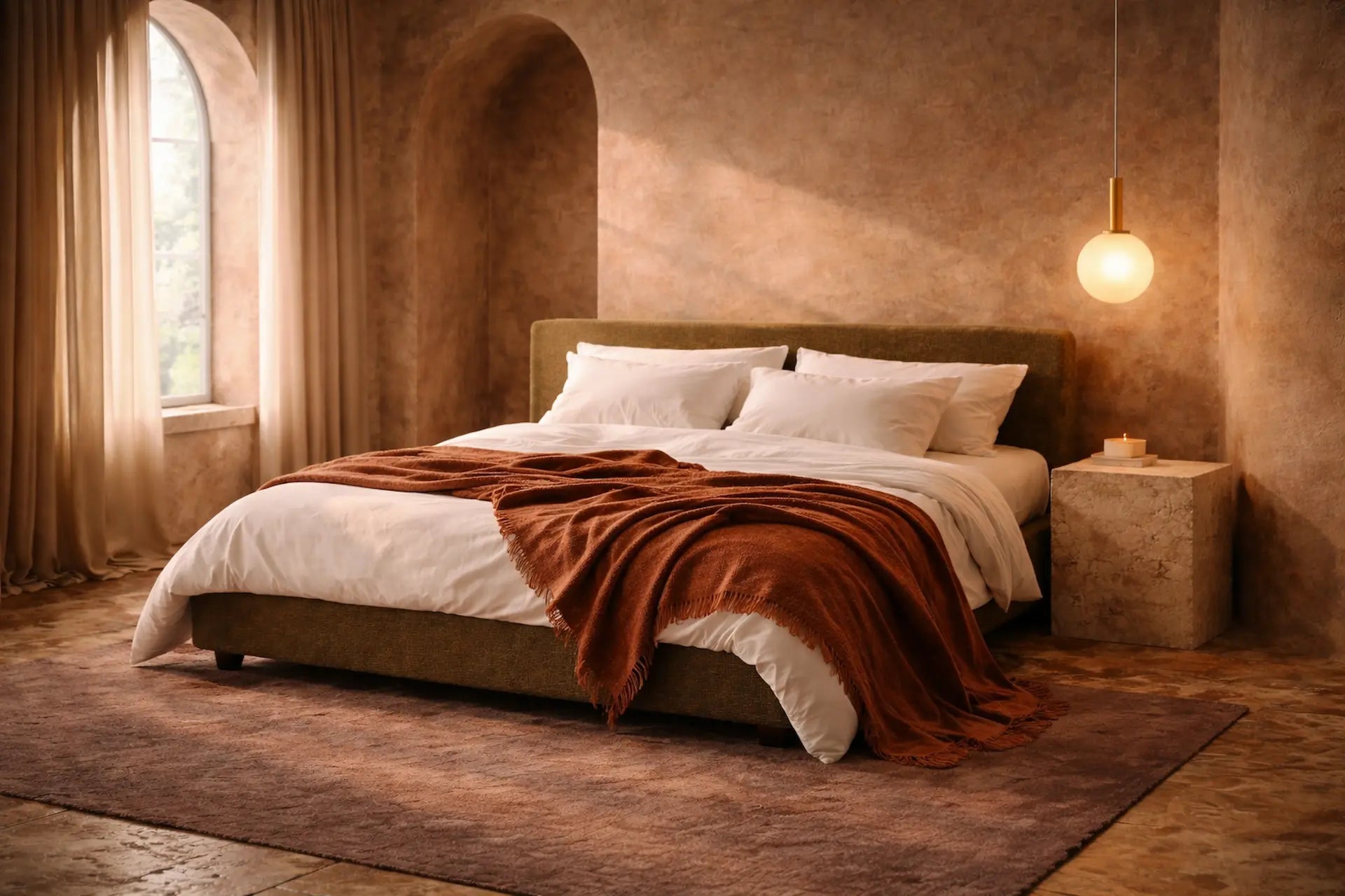 Slaapkamer in warme aardse kleuren, met 2-persoons bed wat beslapen is, strijklicht van links