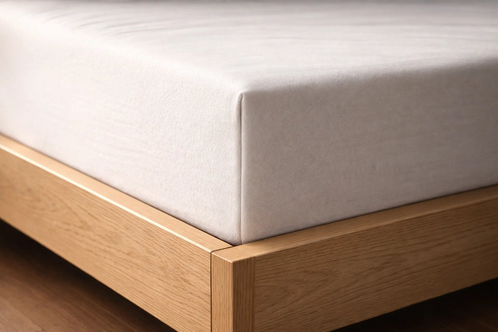 Hoek van bed met matras en hoeslaken eromheen