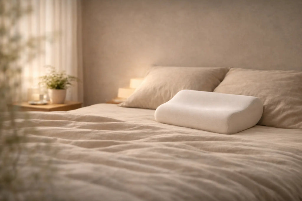Sfeervolle lichte slaapkamer met opgemaakt bed en Eléa nekkussen