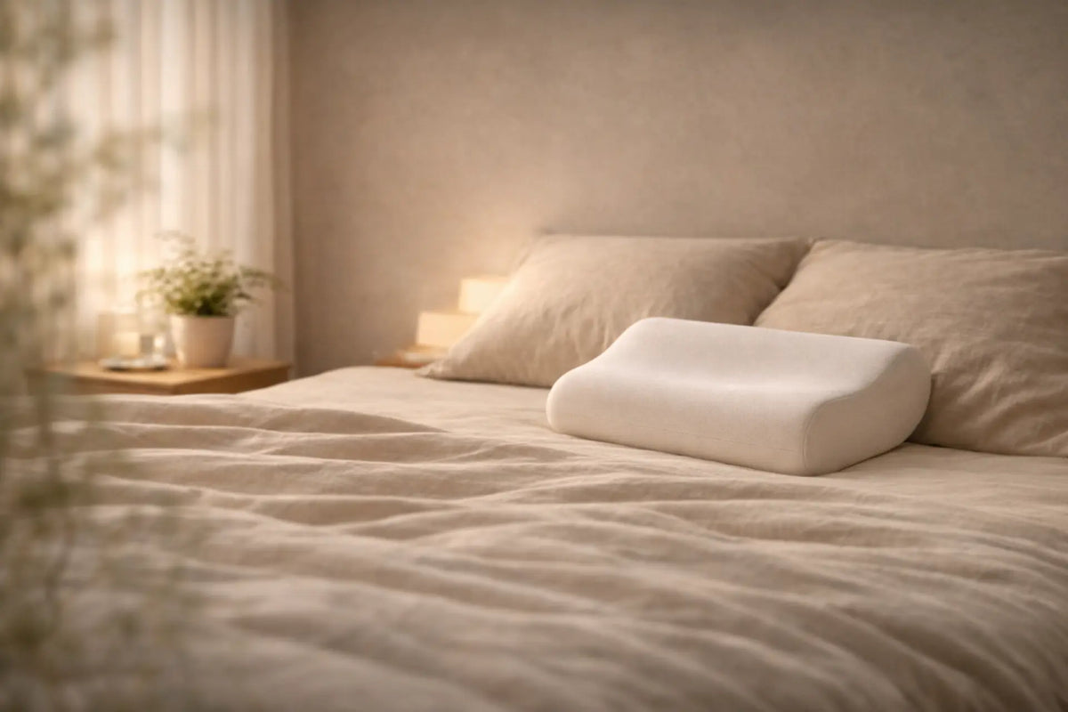 Sfeervolle lichte slaapkamer met opgemaakt bed en Eléa nekkussen