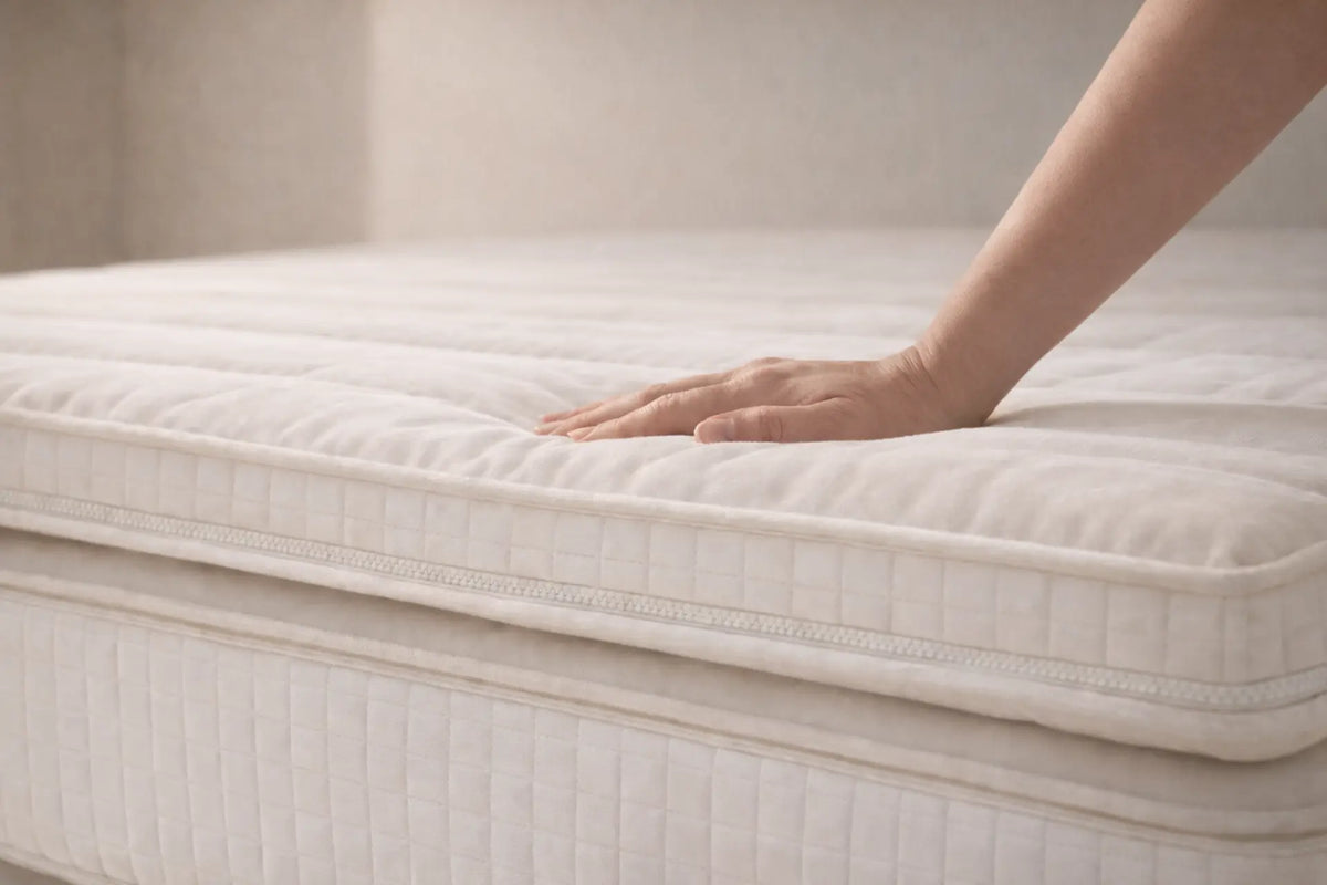 Detail van topper op matras met hand