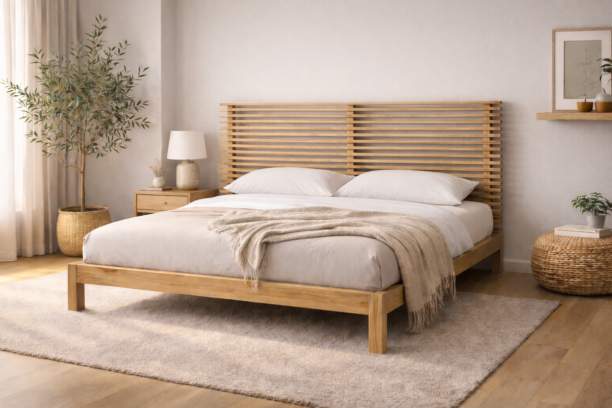Silva bed in neutrale slaapkamer, opgemaakt bed, gebroken wit met beige plaid over bed.