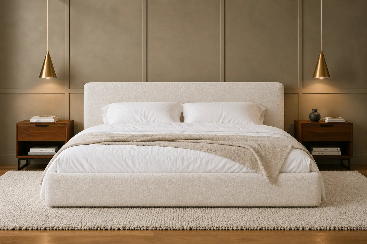Bed Marla opgemaakt, in een slaapkamer met kleikleurige achterwand en beige tapijt