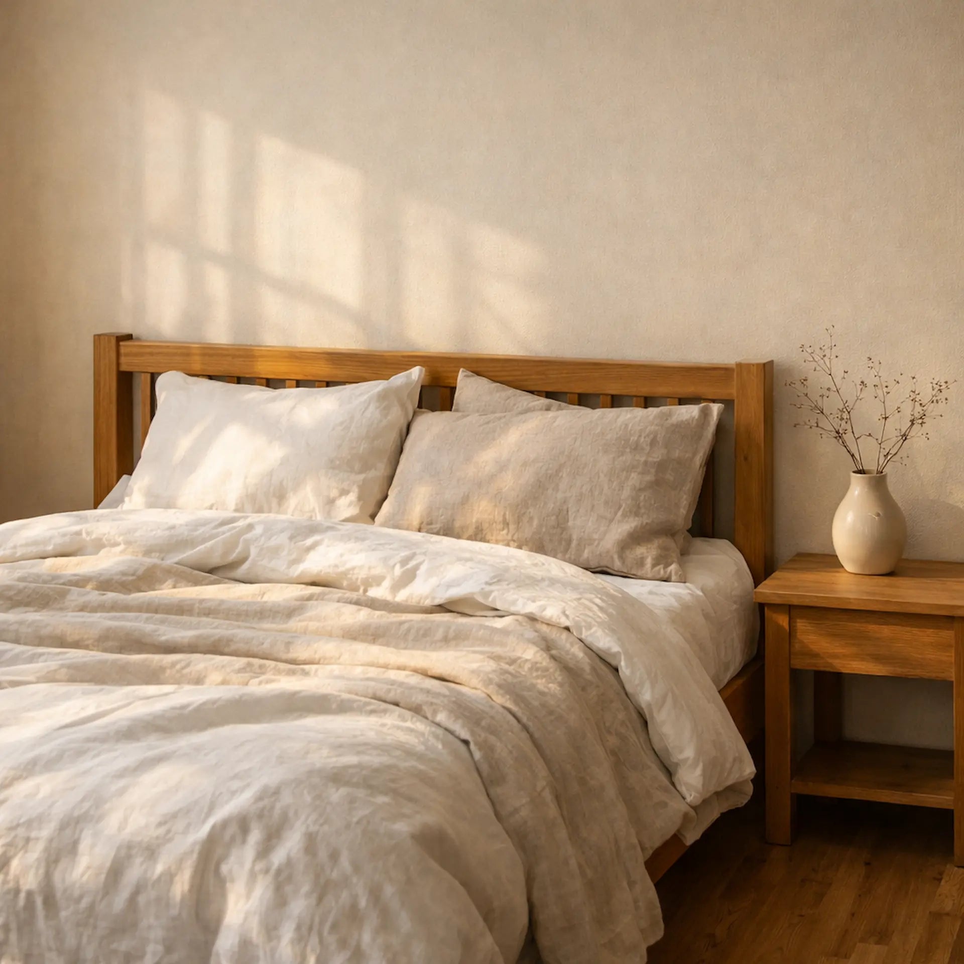 Houten bed met beddengoed in lichte kamer met strijklicht van links en nachtkastje van hout rechts