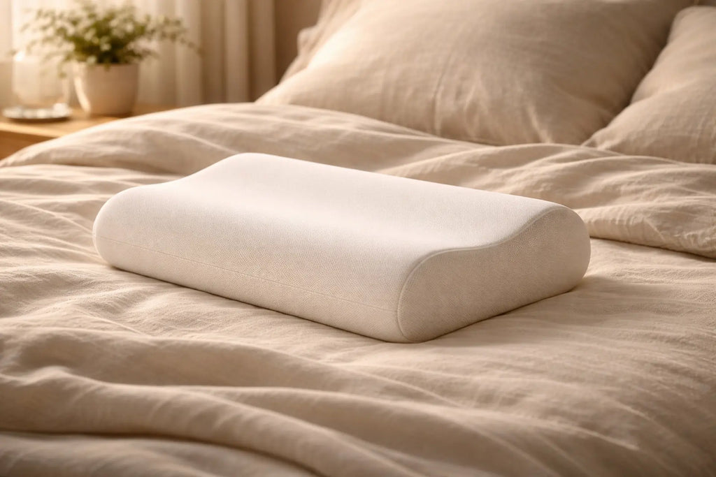 Close up van Eléa nekkussen op opgemaakt bed in sfeervolle slaapkamer