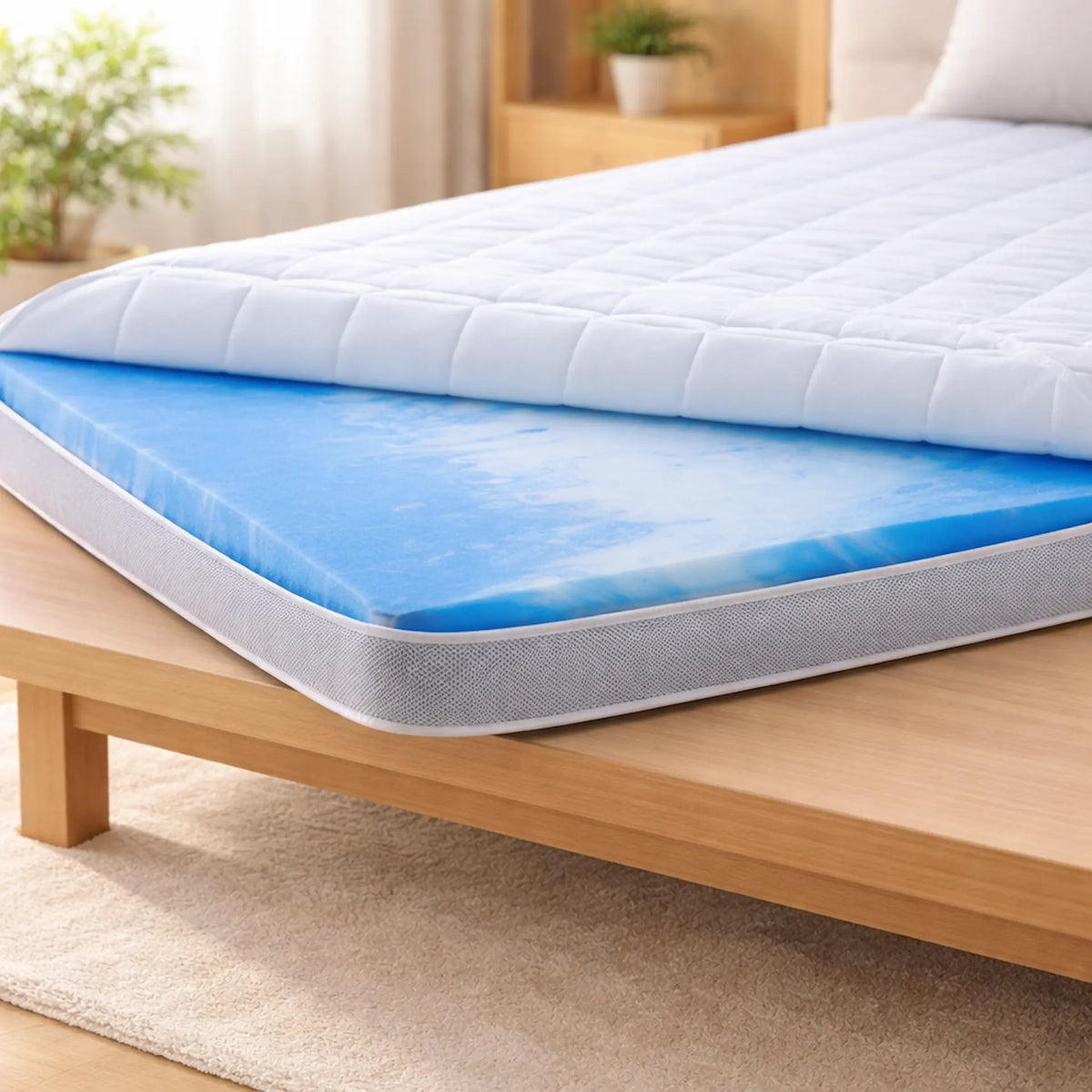 Topper gedeeltelijk opengeritst op houten bed, gel zichtbaar