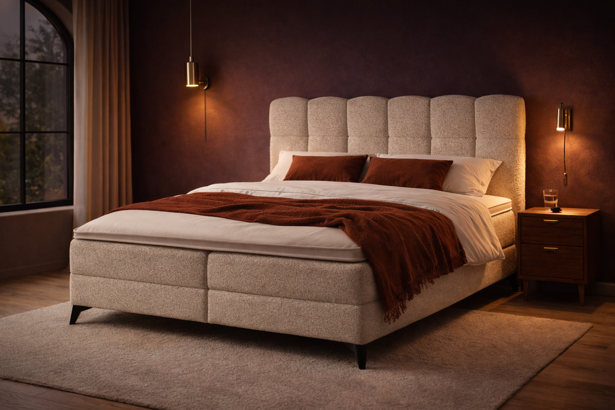 Sfeerfoto van slaapkamer bij avond met cremekleurig Madison bed, verlichting en aubergine/koperkleurige muur, sprei en kussens. Topper is niet bij alle varianten inbegrepen.