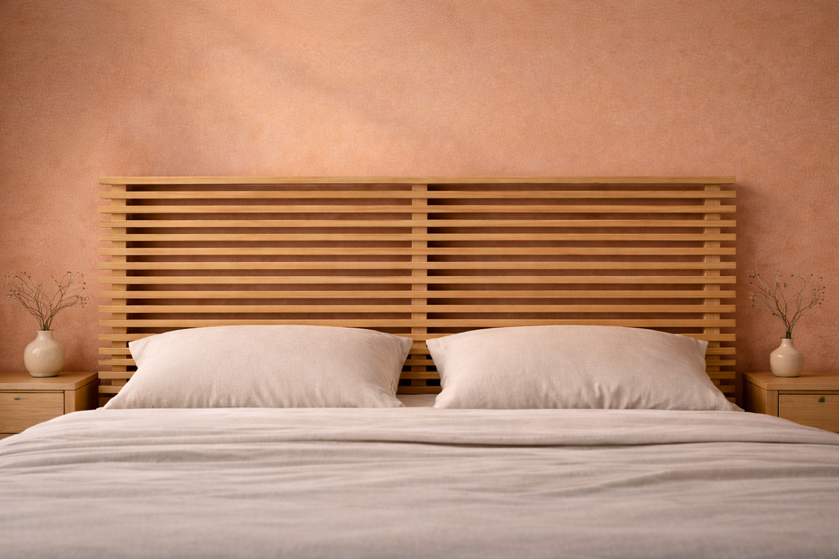 Detail hoofdeind Silva bed, terracotta achterwand, 2 houten nachtkastjes naast bed en beddengoed in off white